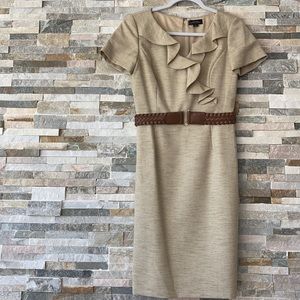 Tahari Tan dress size 4 V-neck with ruffle